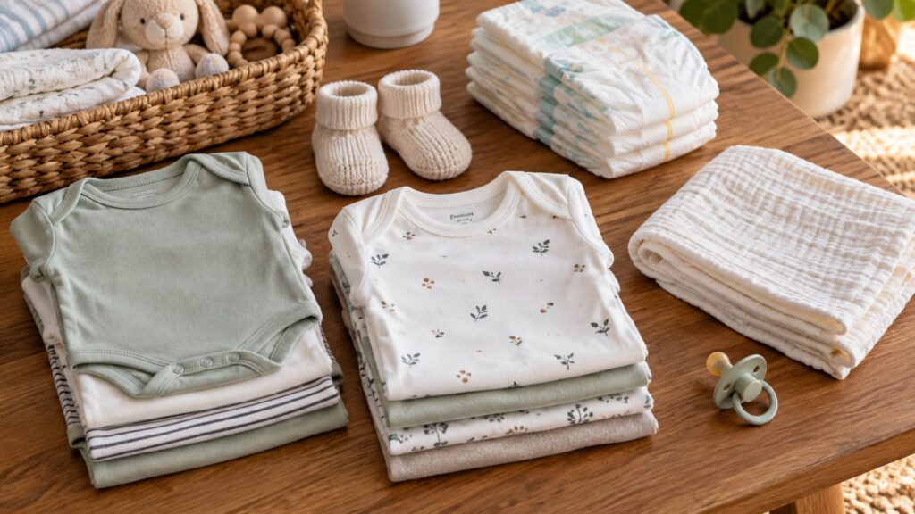 Roupa de bebé, fraldas e um pano de algodão organizados sobre uma mesa.