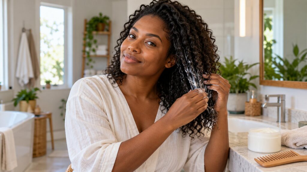 Mulher a aplicar um produto de hidratação nas pontas do cabelo encaracolado.
