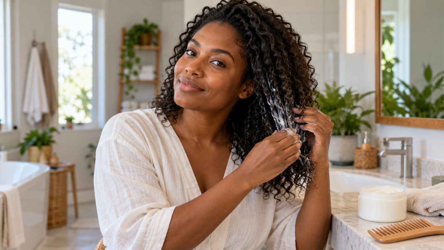 Mulher a aplicar um produto de hidratação nas pontas do cabelo encaracolado.