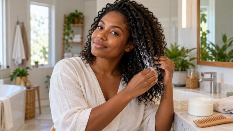 Mulher a aplicar um produto de hidratação nas pontas do cabelo encaracolado.