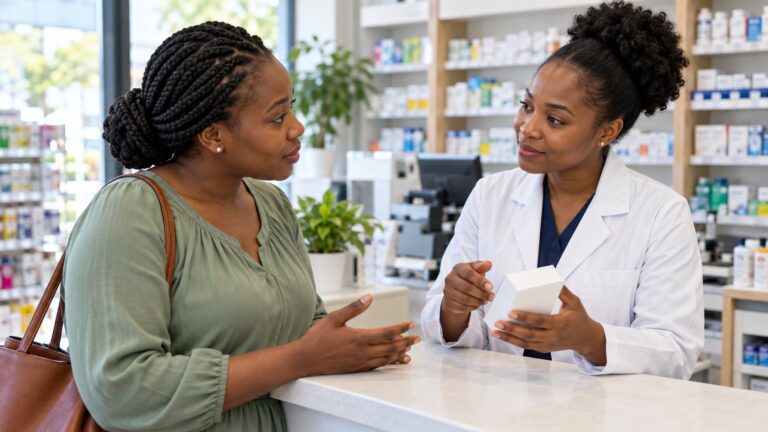 Mulher a pedir aconselhamento a uma farmacêutica ao balcão de uma farmácia.