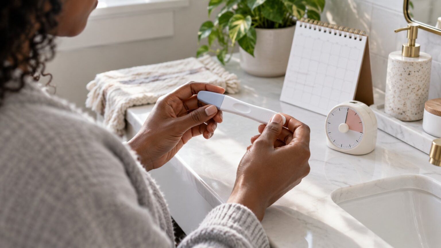 Mãos a segurar um teste de gravidez junto de um calendário e um temporizador.