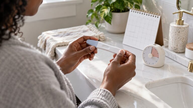 Mãos a segurar um teste de gravidez junto de um calendário e um temporizador.