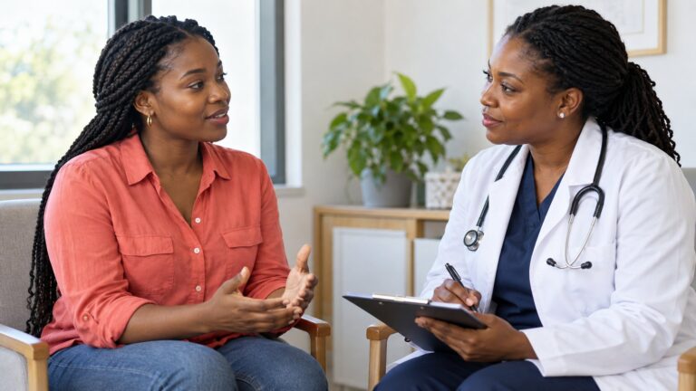 Mulher a conversar com uma profissional de saúde numa consulta.