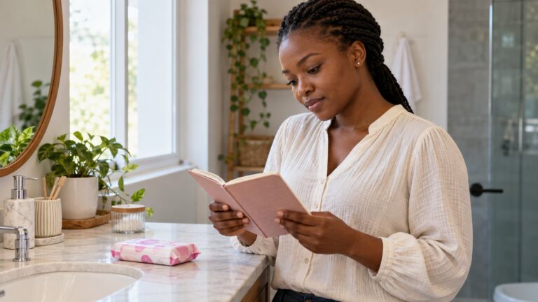 Mulher a consultar um caderno numa casa de banho, com produtos menstruais ao lado.