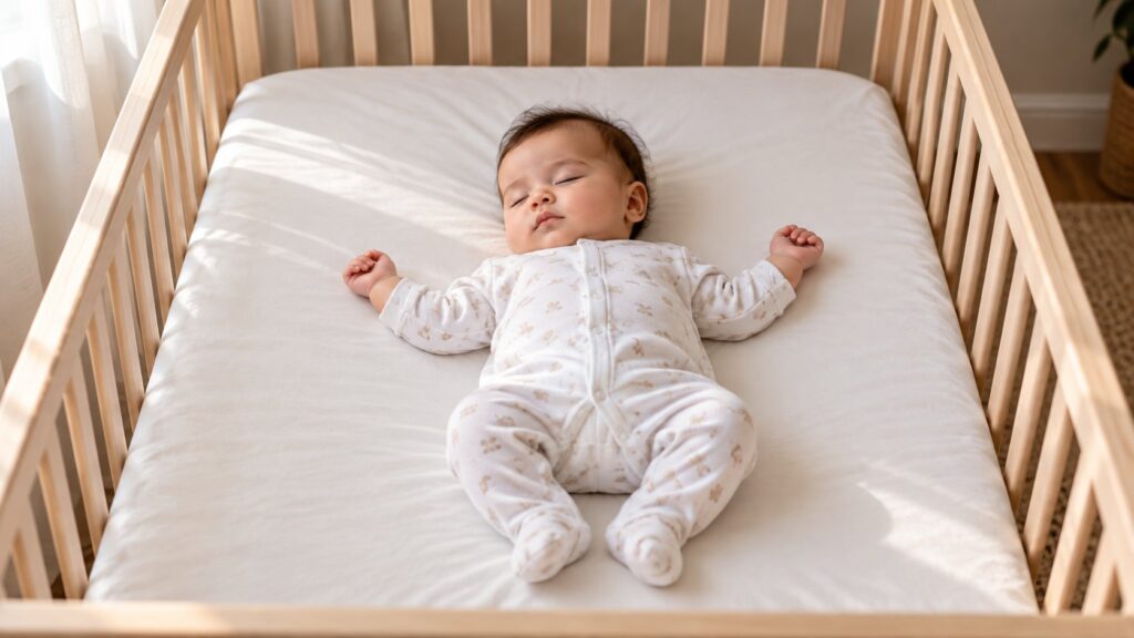 Bebé a dormir de costas num berço sem almofadas nem objectos soltos.