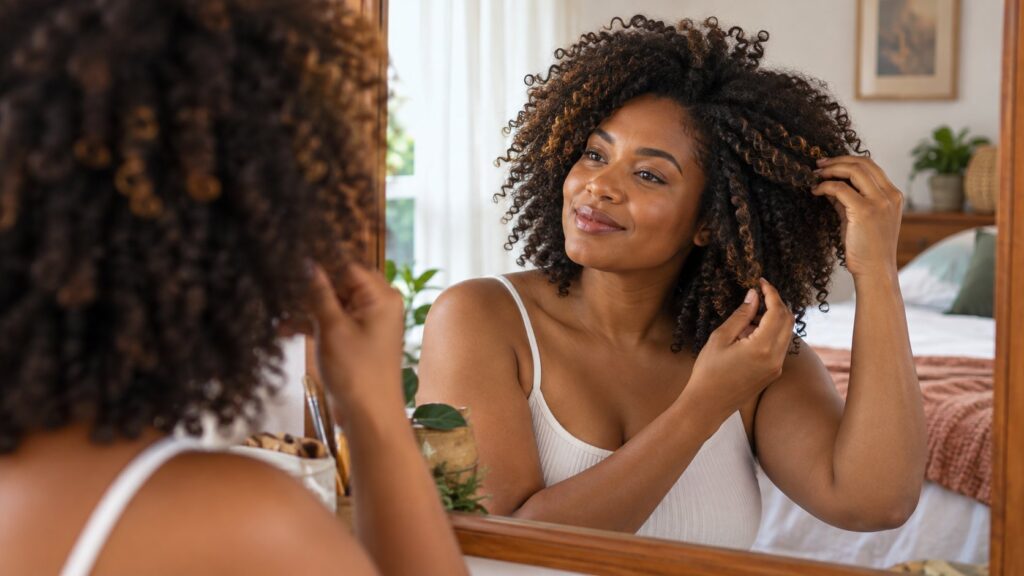 Mulher a observar os caracóis naturais do cabelo ao espelho.